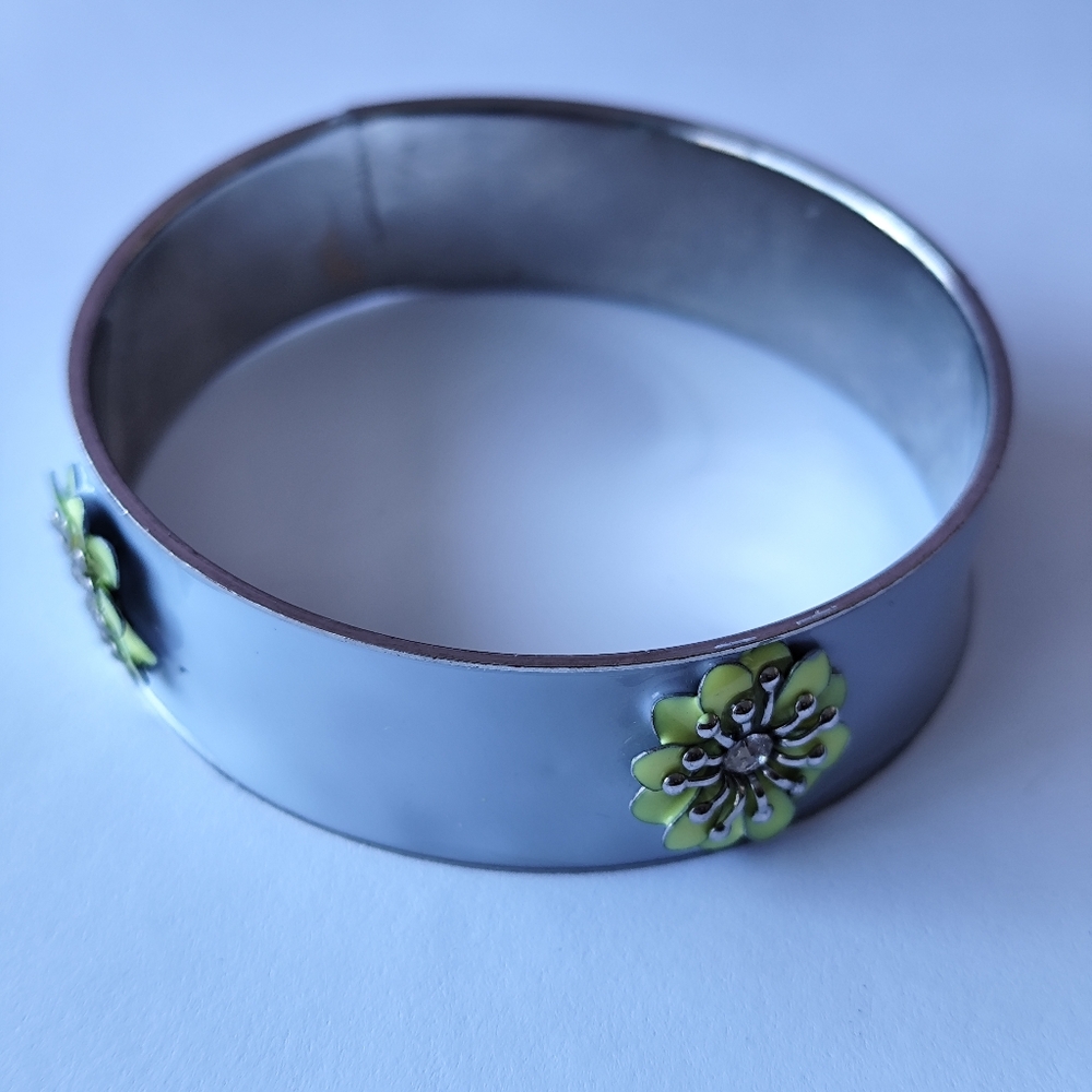 Silver Tone Light blue and green Enamel Rhinestone Bangle Bracelet
